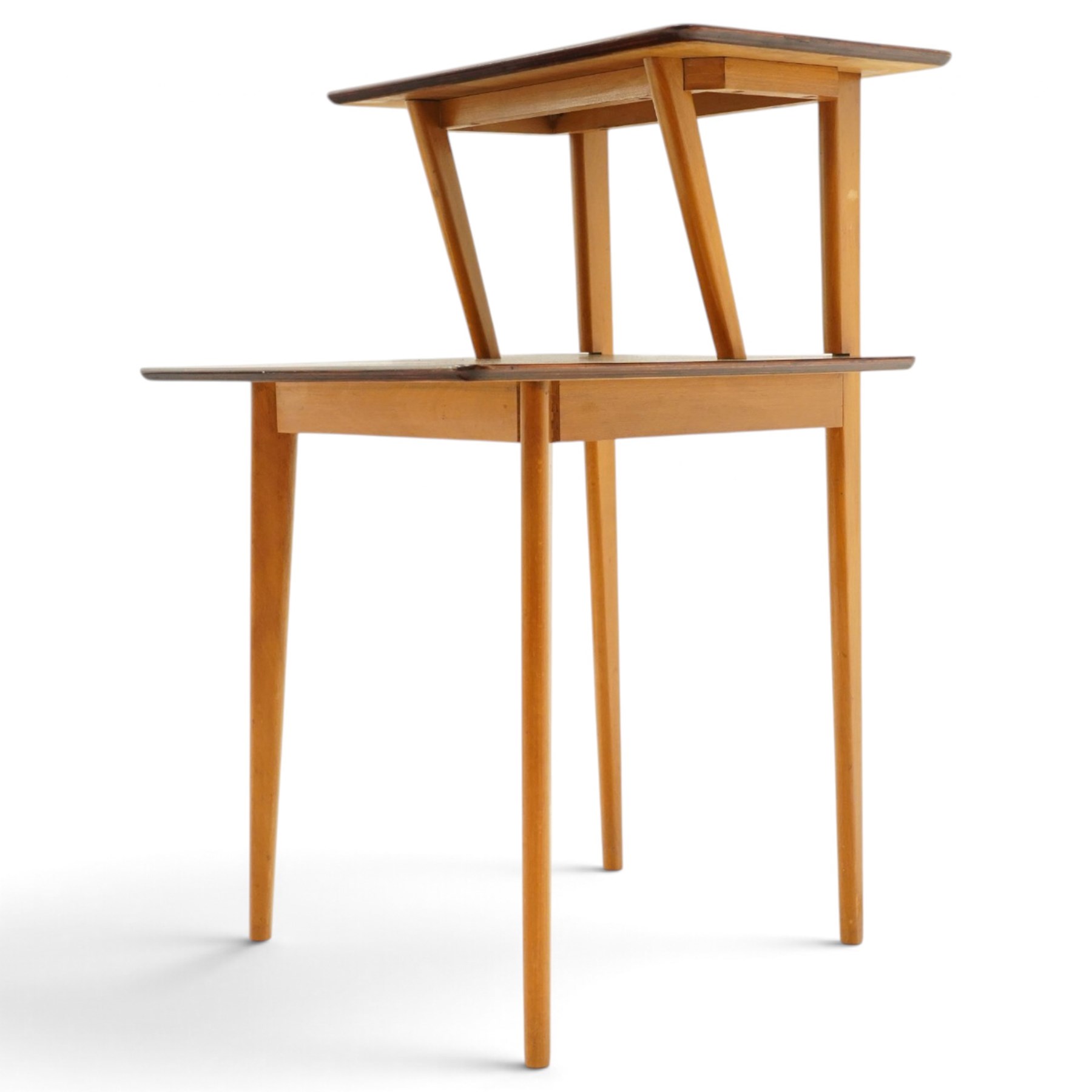 Peter Haywood for Heals - mid-20th century teak and beech two-tier occasional table, raised on tapering supports