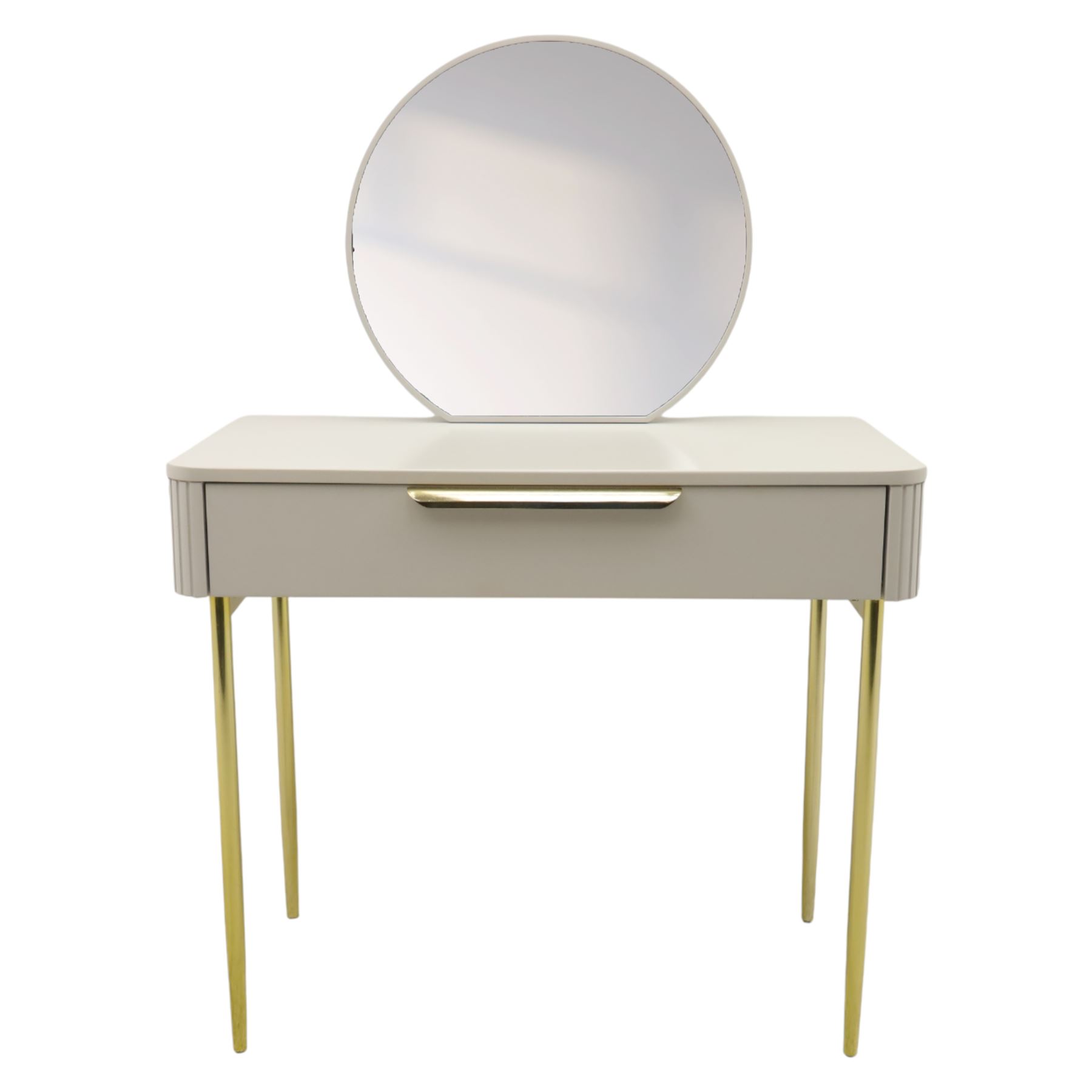 Made.com - Ebbo grey dressing table with mirror, single drawer with gold painted metal shaped handles, rounded corners with fluted detail, raised on gold painted metal tapered supports (Height from floor to underside 62cm)