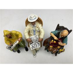 Three Royal Doulton figures, comprising Taking Things Easy, issued 1974, HN2680, The Boatman, issued 1970, HN2417 and The Toymaker, HN2250, all with printed marks beneath