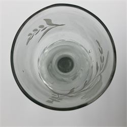 Pair of 18th century Jacobite style wine glasses, the ogee shaped bowls engraved with a single rose and sprig, plain stems upon conical folded feet H13cm