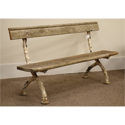  19th century cast iron railway type bench with moulded pine seat and back, W166cm, H86cm  