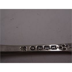 George III Exeter silver Old English pattern table spoon, engraved with foliate decoration, initials and dated 1784 to terminal, hallmarked Exeter 1783, maker's mark indistinct, together with Newcastle silver Fiddle pattern butter knife, hallmarked John Walton, Newcastle 1823, Victorian Exeter silver spoon, engraved with floral design to underside of bowl, hallmarked Josiah Williams & Co, Exeter 1875