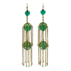 Pair of gold chrysoprase and seed pearl tassel pendant earrings