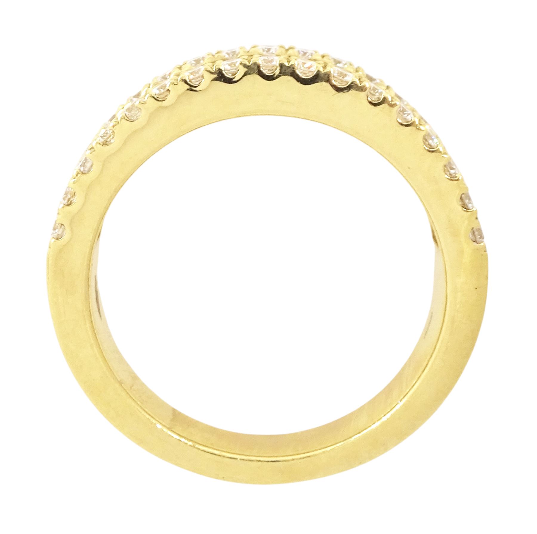 18ct gold diamond three row half eternity ring, single row of baguette cut diamonds, with round brilliant cut diamonds set either side, stamped 750, total diamond weight approx 3.00 carat