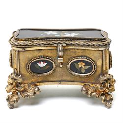 French 19th century Grand Tour gilt-metal and pietra dura-mounted casket of shaped rectang...
