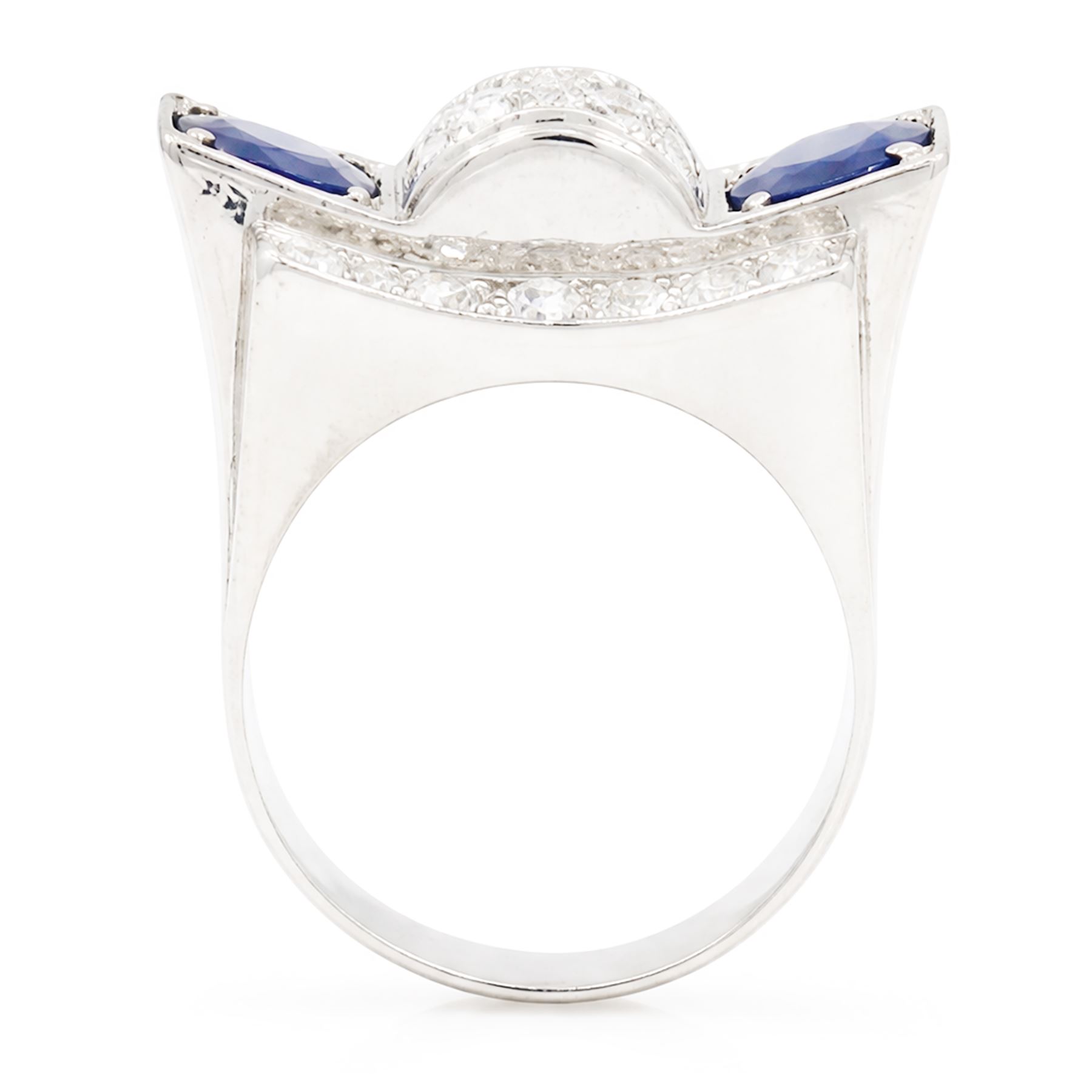 Platinum sapphire and diamond abstract design dress ring, pave set with eighteen old cut and round brilliant cut diamonds, with two mixed cut sapphires at each end, in a curved design setting, total sapphire weight approx 2.68 carat, total diamond weight approx 1.95 carat, with World Institute Report