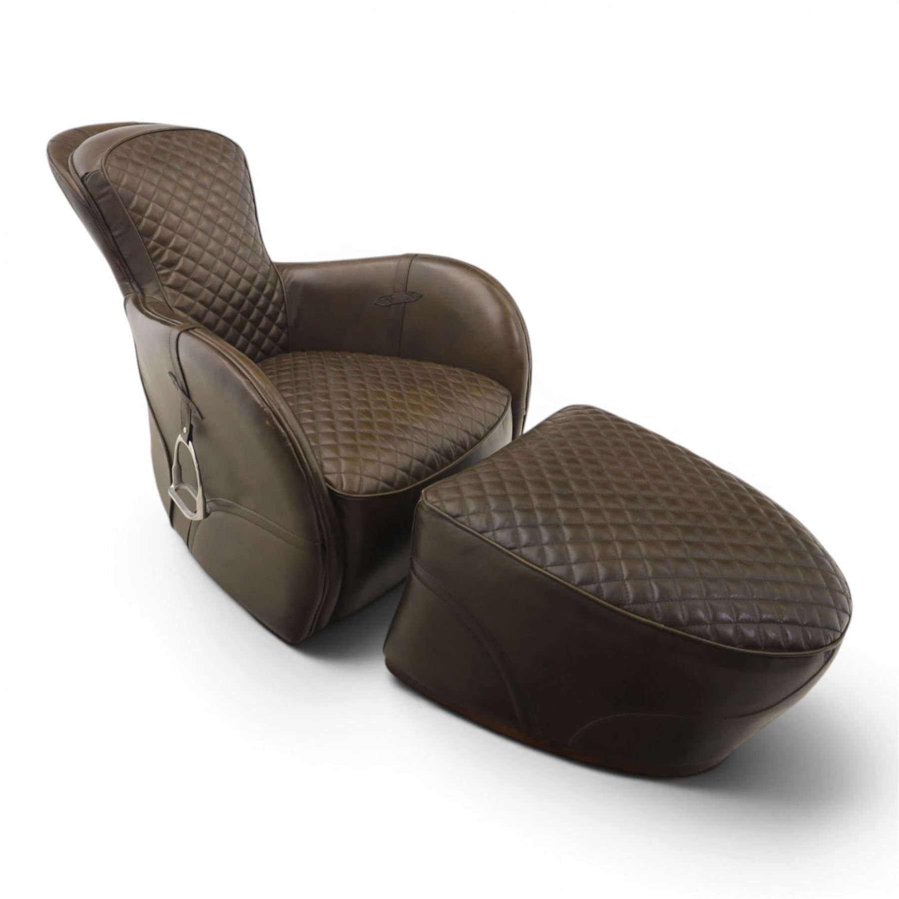 Timothy Oulton - saddle chair and stool upholstered in chocolate brown leather, with reclined back with diamond quilted cushions, stirrups upholstered to the sides  
