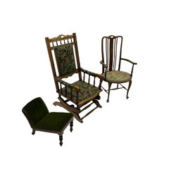 Edwardian Mahogany elbow chair, 19th century adjustable gout stool, late 19th century American rocking chair