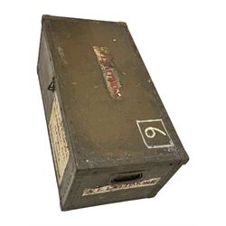 Vintage metal bound steamer trunk, exterior labels reading 