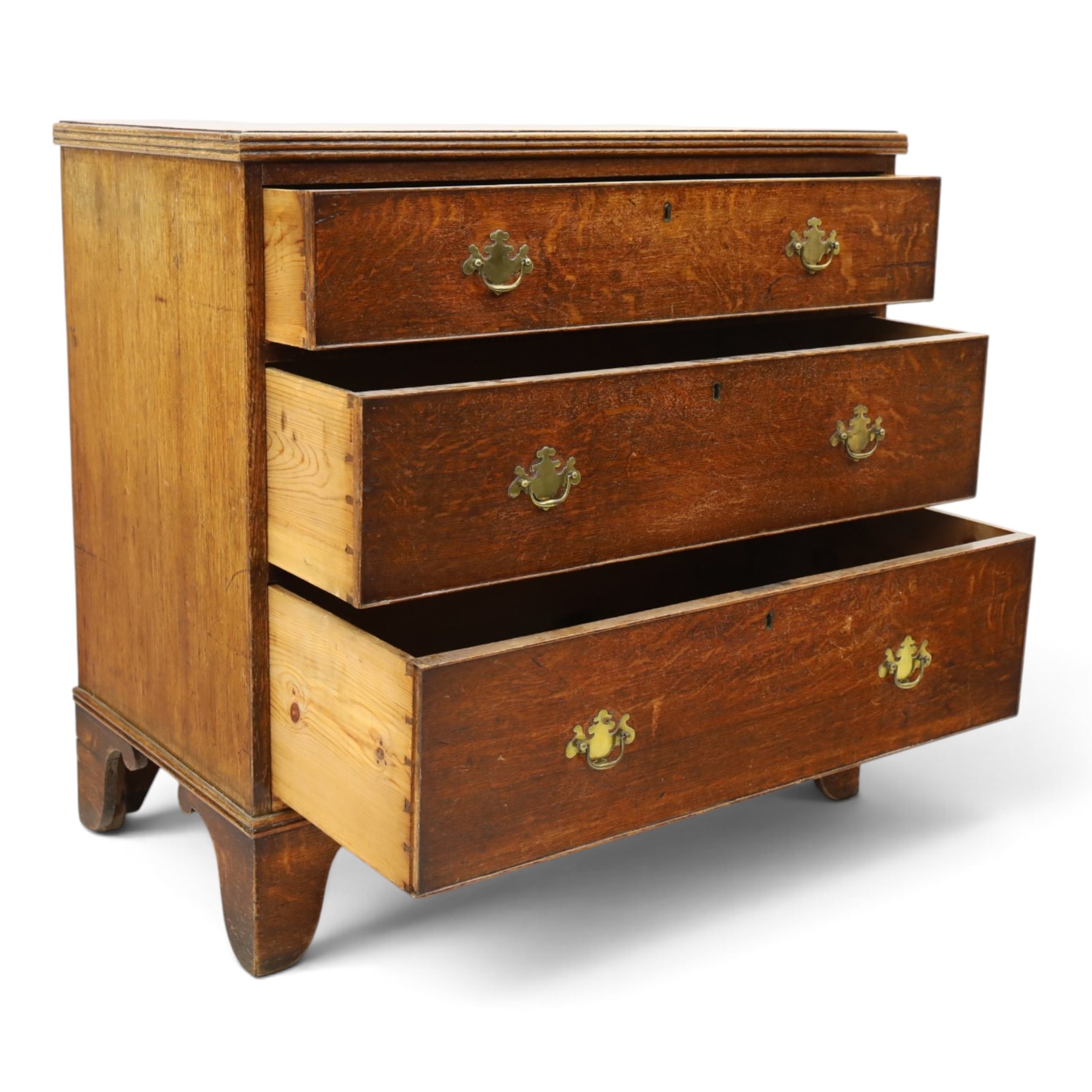 18th century oak straight-front chest, rectangular caddy-top with reeded edge, fitted with three graduating cock-beaded drawers, raised on bracket feet