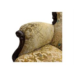 Victorian design stained wood three seater settee, top rail carved and scrolled, padded back and arms, scrolled cabriole feet 