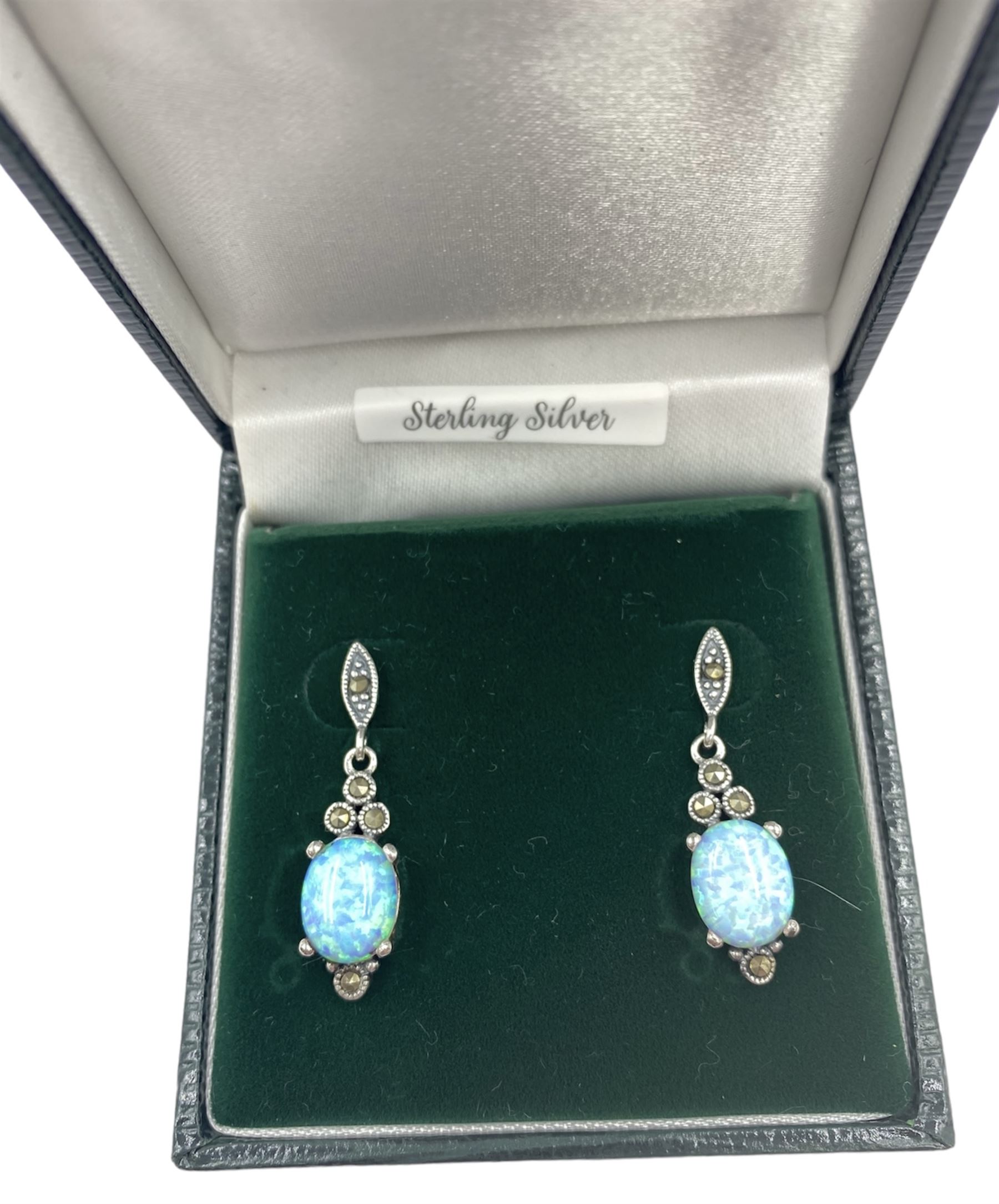 Silver opal and marcasite pendant stud earrings, stamped 925, boxed