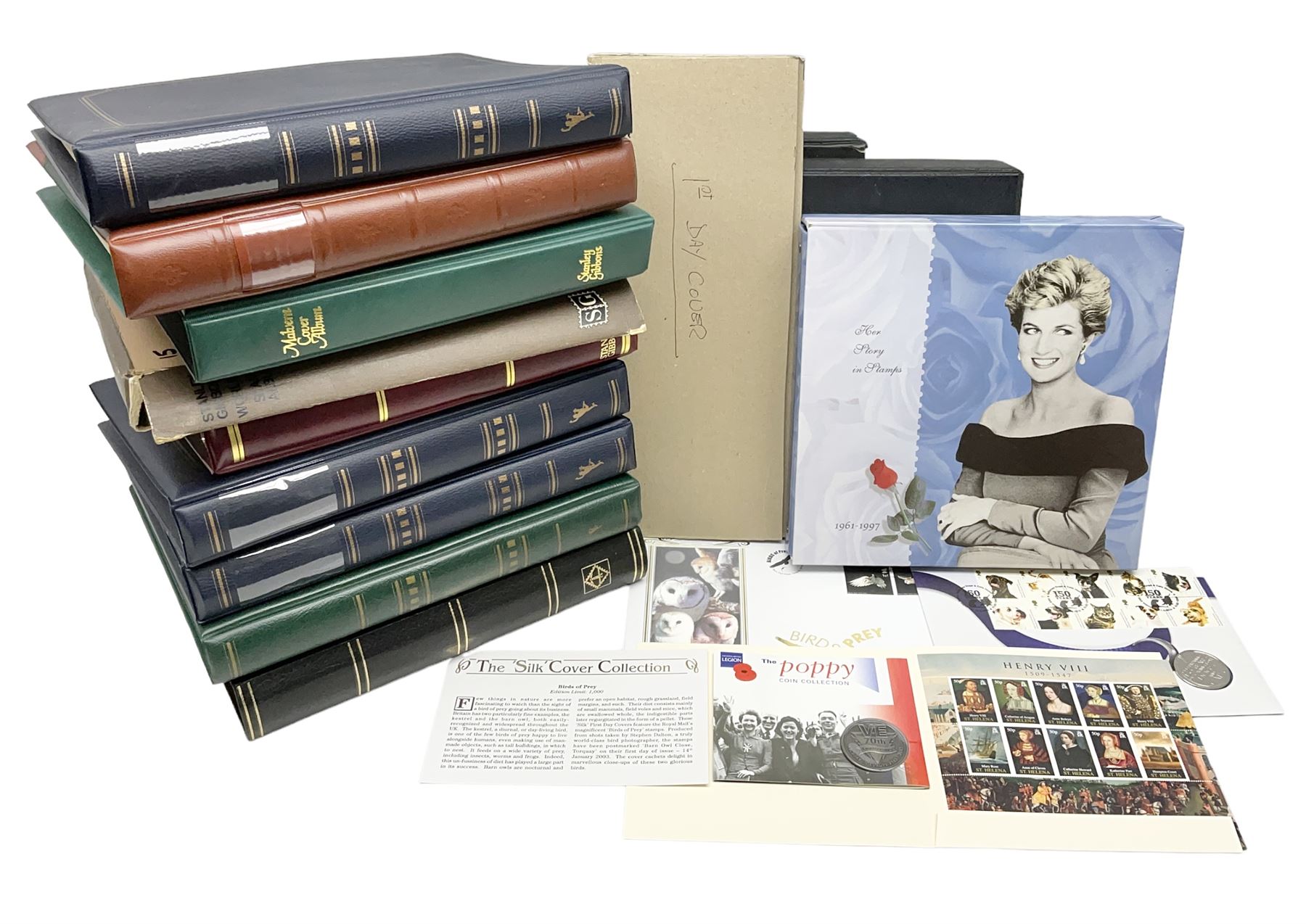 Stamps including first day covers relating to Diana Princess of Wales, small number of coin covers, Mercury 'Silk' covers, other first day covers many with printed address and special postmarks, Australia, Barbados, British Honduras, Germany, Jamaica and other World stamps, housed in albums, folders and loose, in one box