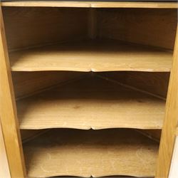 Acorn Industries - oak floor-standing corner cabinet, the top fitted with astragal glazed door enclosing four shaped shelves, the base with single panelled cupboard over two drawers, raised on four stepped feet, carved with acorn signature to top and base, by Alan Grainger, Brandsby