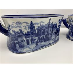 Pair of Victorian style, blue and white footbaths, H14cm, L37cm