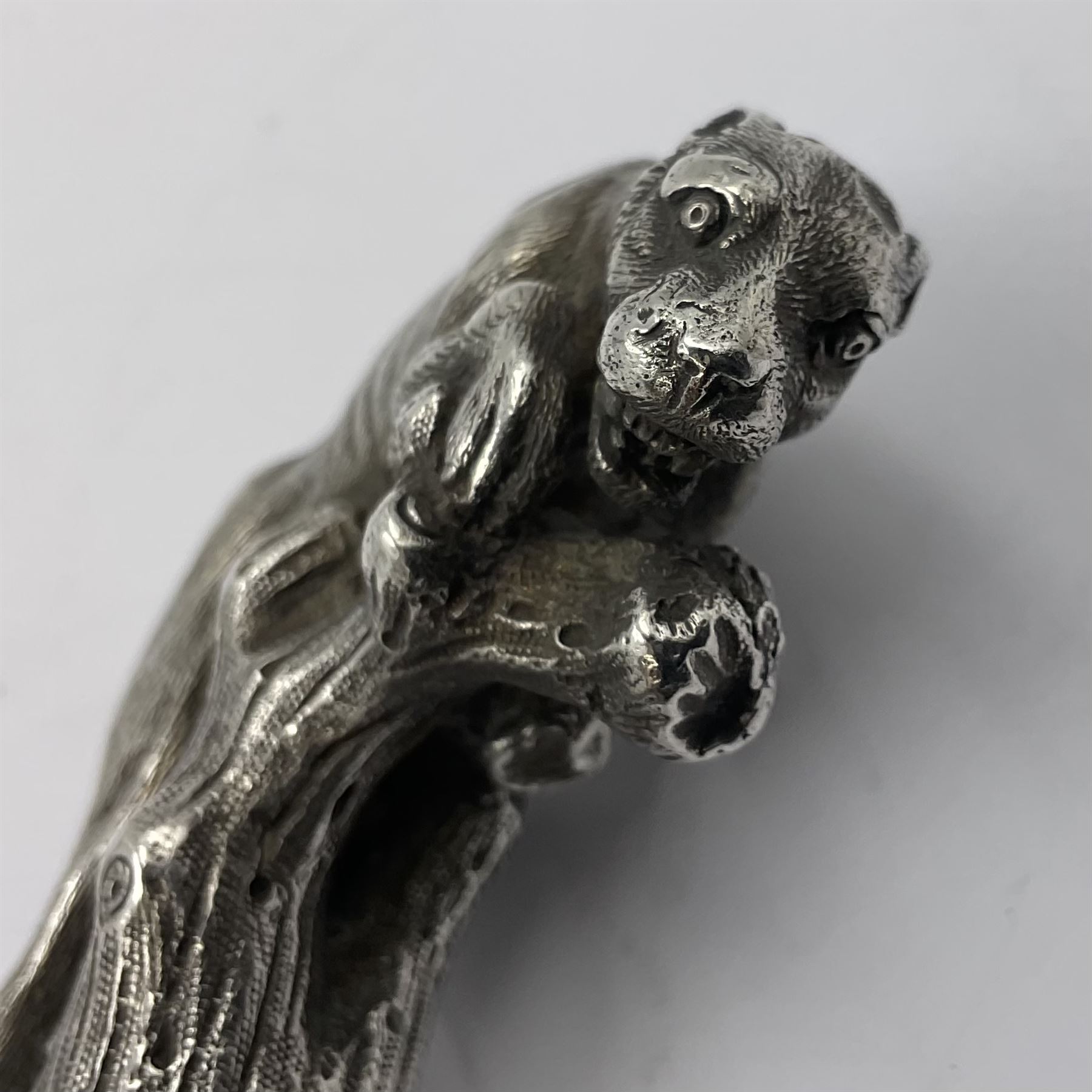 Victorian silver walking cane handle, modelled as a panther upon a tree branch, hallmarked London 1851, maker's mark worn and indistict