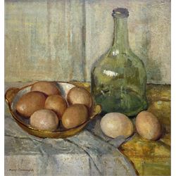 Mary Remington (British 1910-2003): Still Life of Eggs on a Table, oil on board signed 33cm x 31cm