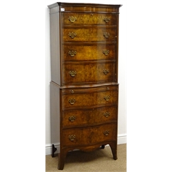  20th century figured walnut serpentine cocktail cabinet, cupboard door enclosing fitted interior, single slide above three drawers, shaped bracket supports, W64cm, H164cm, D39cm  