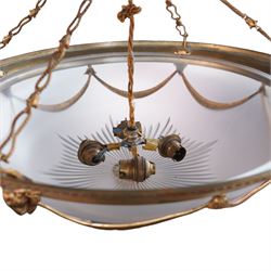 Late 20th century gilt metal ceiling light, circular form decorated with rams heads and swags, frosted glass bowl with bevelled decoration (D51cm); together with another late 20th century gilt metal ceiling ight, decorated with ribbons and rams heads with laurel swags, moulded glass bowl (D32cm)