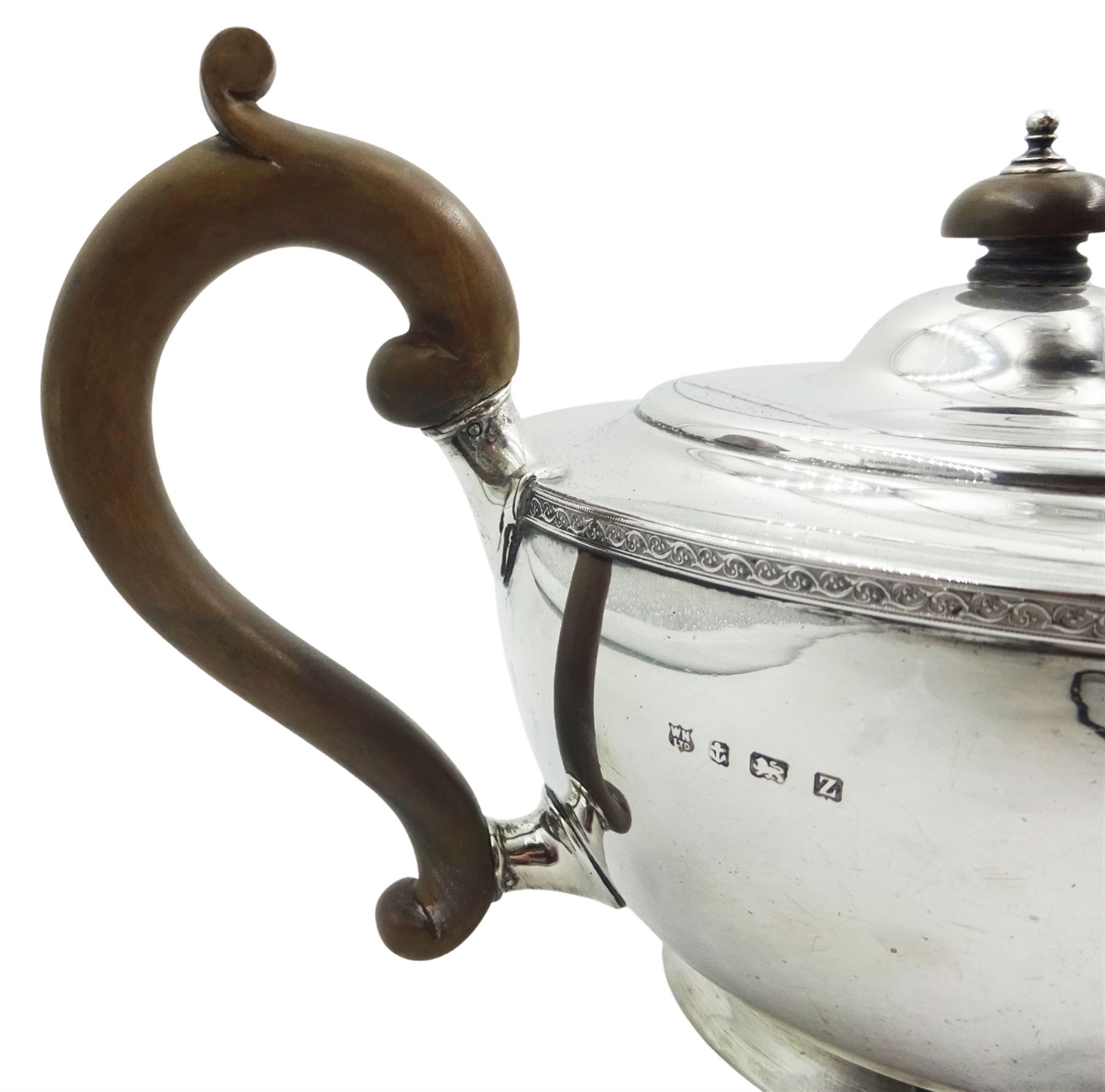 1920's silver teapot and hot water pot, each with foliate scroll band