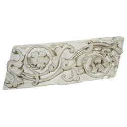 After the Antique - Three relief moulded plaster panels with figures, flowers etc., largest 20cm x 52cm and two ceiling bosses larger 33cm 