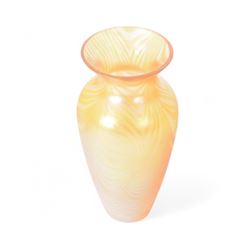 Okra glass vases, with iridescent trails upon an orange ground, together with two Okra scent bottles, all with original boxes 