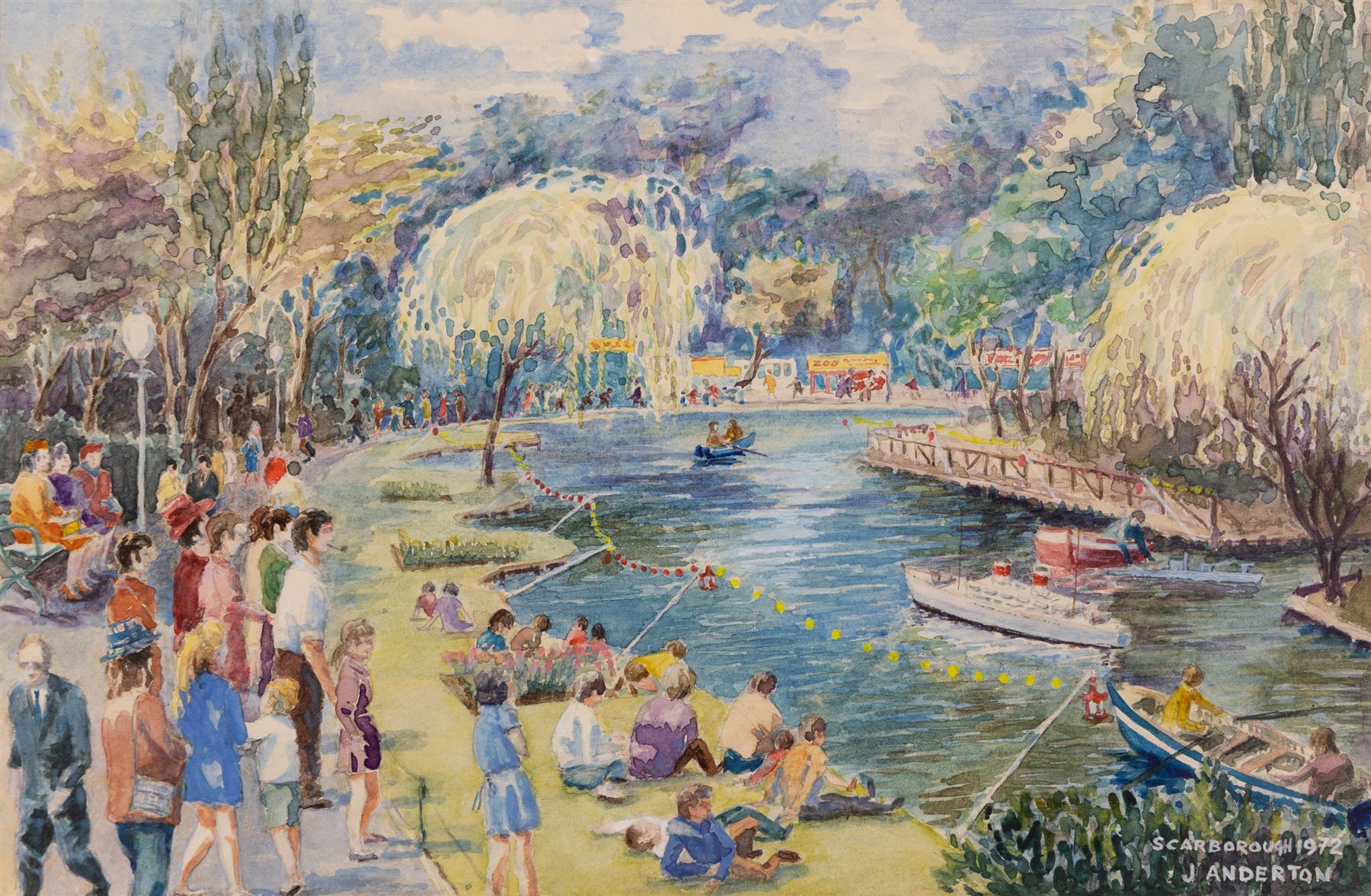 J Anderton (Northern British 20th Century): 'Peasholm Park - Scarborough' and the 'Scarborough' Boat Race, two watercolours signed, one dated 1972, max 24cm x 37cm (2)