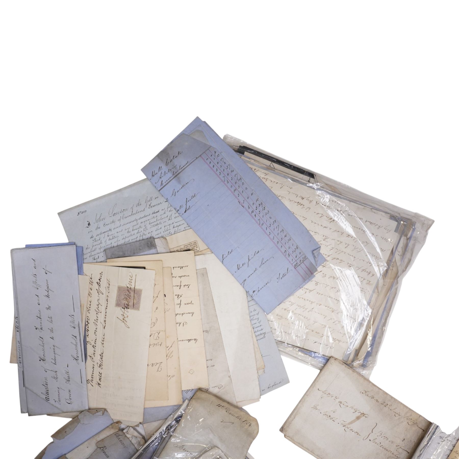 The Down Hall Estate, Aikton, Cumberland 1800-1880s - A substantial archive of letters and documents relating to the estate and the Hodgson family who farmed the estate from the early 19th century.  Includes title deeds, abstracts of title, estate plans etc