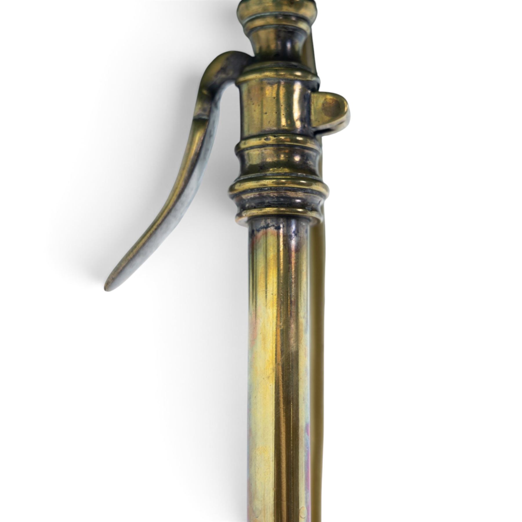 Art Deco brass standard lamp, telescopic column with level action, ring turned collars, raised on a shaped tri-form base with fluted pad feet, complete with green fabric fringed shade