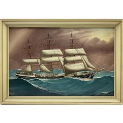 Reginald Arthur Borstel (Australian 1875-1922): Sailing Ship's Portrait 'Milverton', oil on board signed titled and dated 1916, historical info. verso 28cm x 42cm
Notes: the Windjammer Milverton was built by Oswald Mordaunt & Co of Southampton for a Liverpool firm, in British ownership till 1914, at the time of painting in the Australian ownership of 'Laidlaw & Harkis, 64 Union St., Pyrmont, Sydney, NSW' 