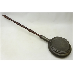  19th century pewter warming pan, pierced cover with wrigglwork stylised trailing foliage, stamped St. Lambert J.J.G, on turned oak handle, L113cm   