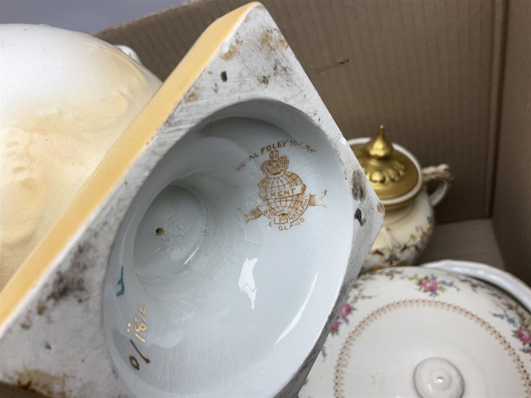 Collection of tea and dinner wares, to include Crown Clarence wares, two Maling cups and saucers, etc,  together with three Foley twin handled urns etc, in three boxes