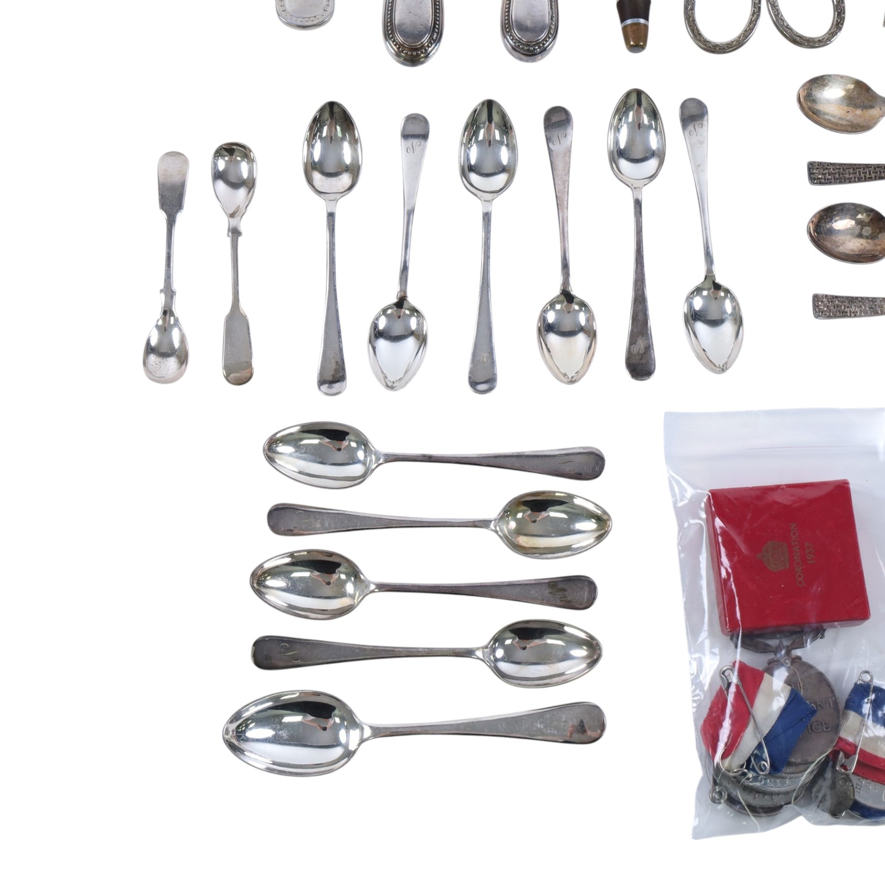 Collection of medals and coins, including Territorial Efficiency Medal, 1889 Amercian Morgan Silver Dollar, 1940 silver shilling, George IV coronation medal, Victorian and Edwardian pennies, commemorative coins etc and a quantity of silver plated cutlery