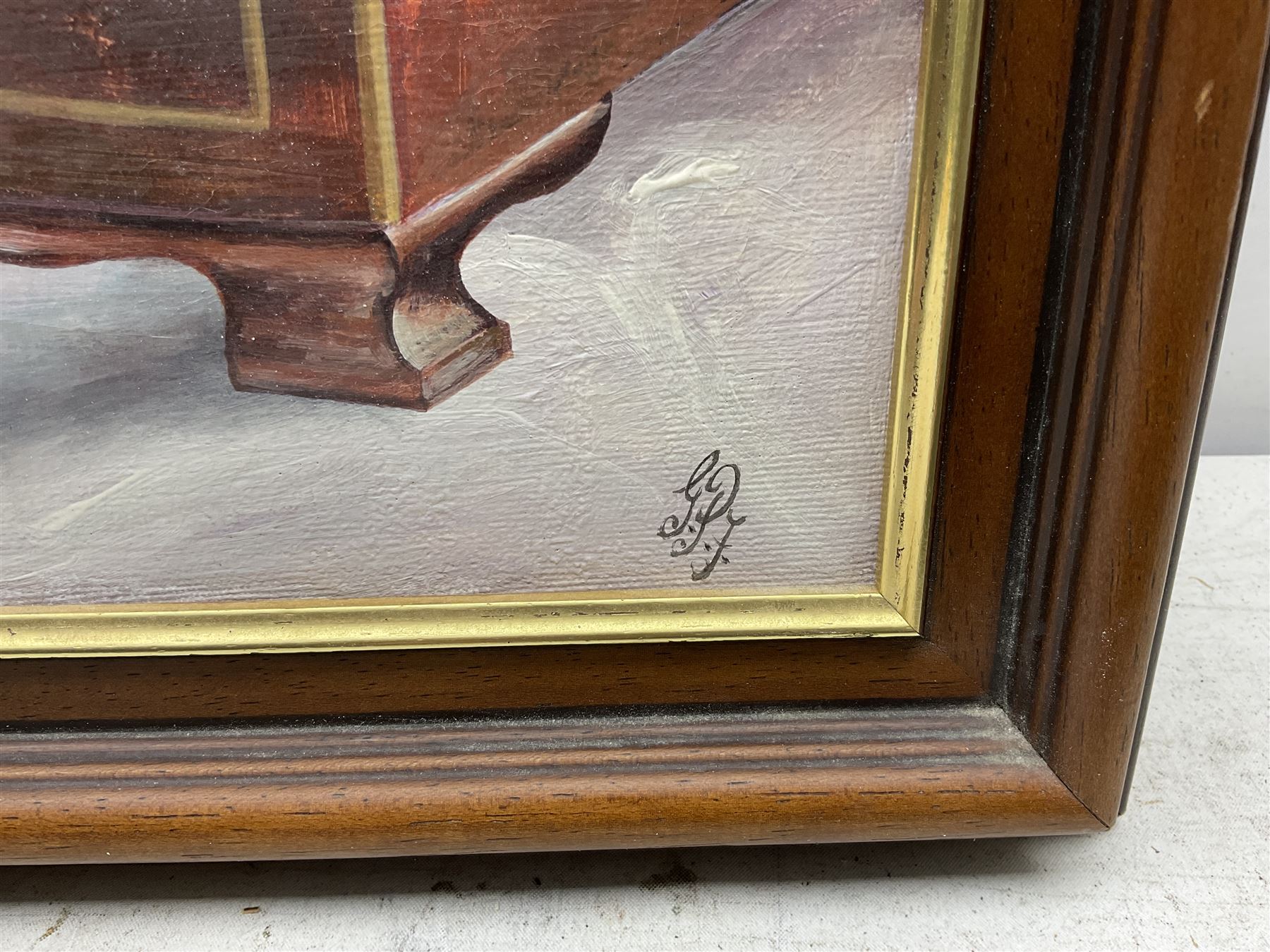 Graham Flight (20th century): Cat at the Dressing Mirror, oil on canvas signed with initials 60cm x 50cm