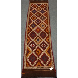  Meshwani brown grown runner, geometric patterned field, 250cm x 69cm  
