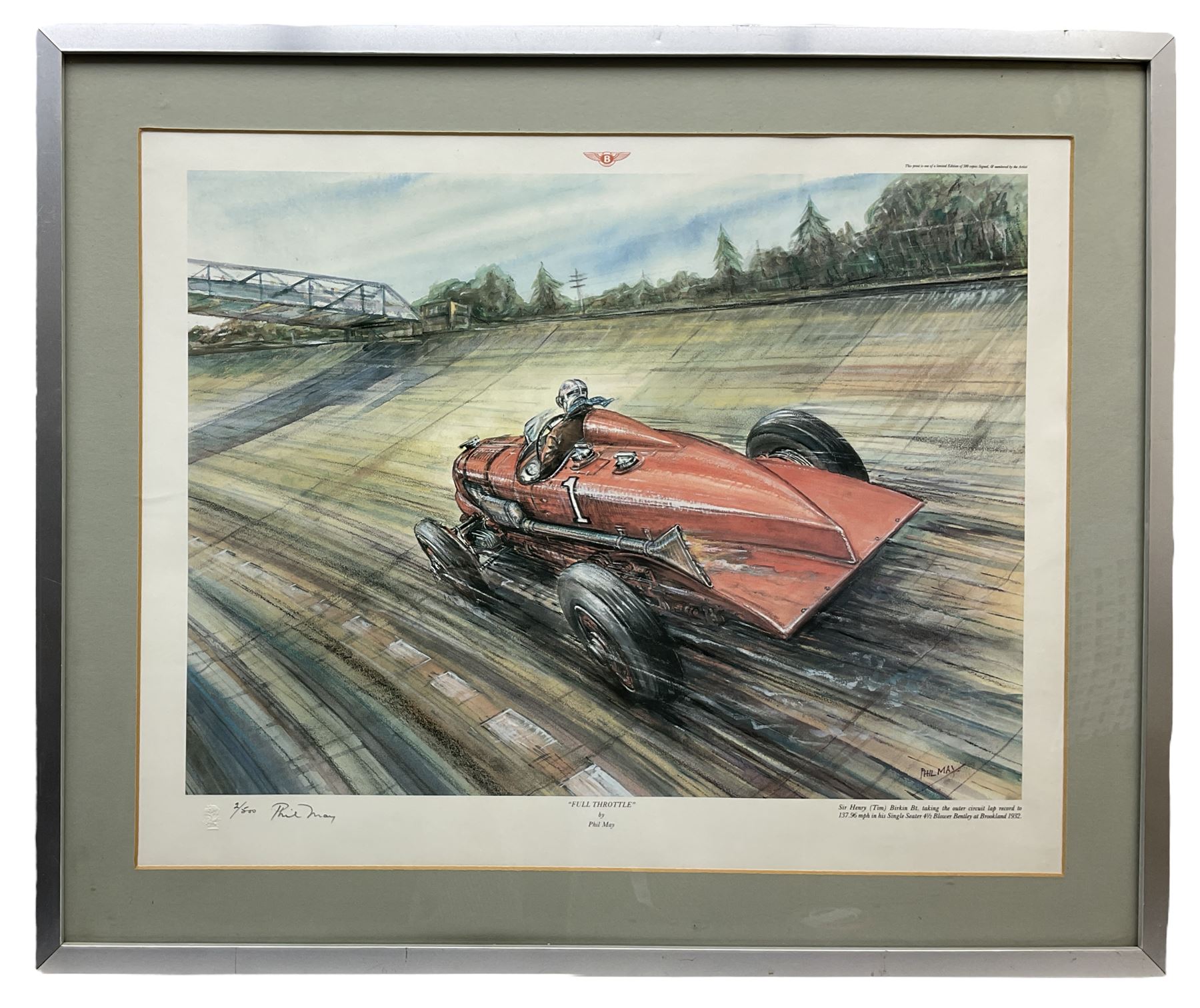 Phil May (British 1925-): 'Full Throttle' depicting Sir Henry (Tim) Birkin BT taking the outer-circuit lap record, Brooklands 1932, limited edition colour print signed and numbered 2/500 in pencil 34cm x 44cm