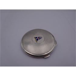 1930's silver compact, of circular form with engine turned decoration to exterior, and enamel pennant for the Royal Thames Yacht Club to cover, opening to reveal an inset mirror, hallmarked John William Barrett, Birmingham 1933, D7.5cm