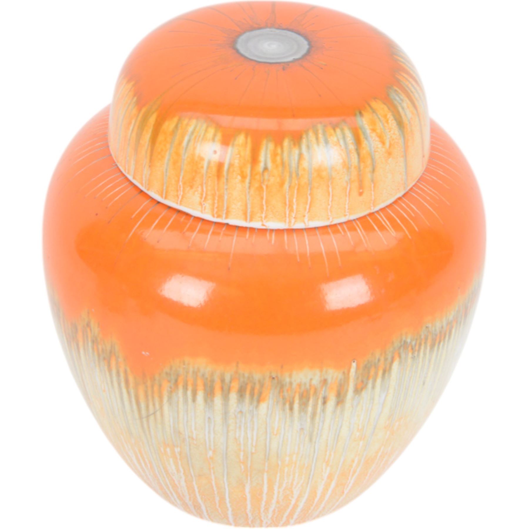 Four pieces of Shelley Harmony dripware, comparing ginger jar and three jugs, largest jug H23cm