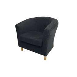 Tub armchair, upholstered in dark grey textured fabric, on tapered feet
