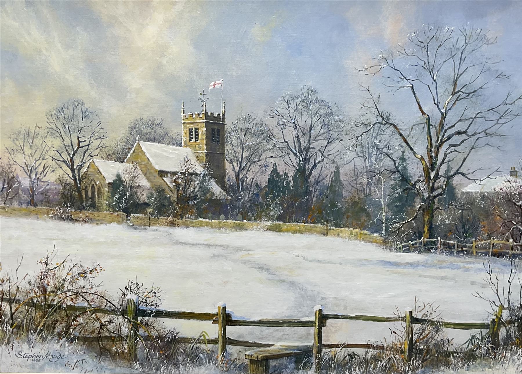 Stephen Maude (British 20th century): Collingham West Yorkshire in Winter, oil on board signed and dated 1995, 38cm x 53cm