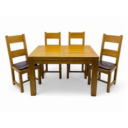 Contemporary oak dining table, rectangular panelled top with integral extension leaf, rais...