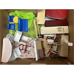 'The Hollies' - good quality sectional wooden doll's house in the form of a Georgian style four-storey bay windowed town house with simulated brick front elevation, rendered sides, off-set corner stonework, faux slate-hung top floor with flat roof and chimney stack, working sash windows, iron railings around front basement courtyard with hinged front elevation to two rooms with  spiral staircase, side hinged central section approached by external steps with iron balustrades to the sides leading to a front door, entrance hall with stairs to landing and two rooms on two floors with dado panelling and fire-surrounds, the top floor with top hung front elevation revealing stairs to a landing and bedroom; wired for electricity L51cm D65cm H107cm including chimney; together with a good quantity of quality wooden furniture and accessories including piano, dressers, bookcase and books, rugs, double half-tester bed, metalware, pictures etc