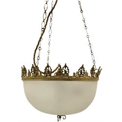 Gilt metal mounted and frosted glass ceiling shade, of domed form with stylised palmette detailed mount, shade H23cm