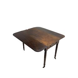 19th century mahogany drop leaf Pembroke table, moulded rectangular top with single drawer to end, turned supports with brass cups and castors