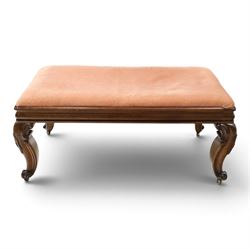 Victorian carved mahogany fender stool of generous proportions, the wide rectangular seat ...
