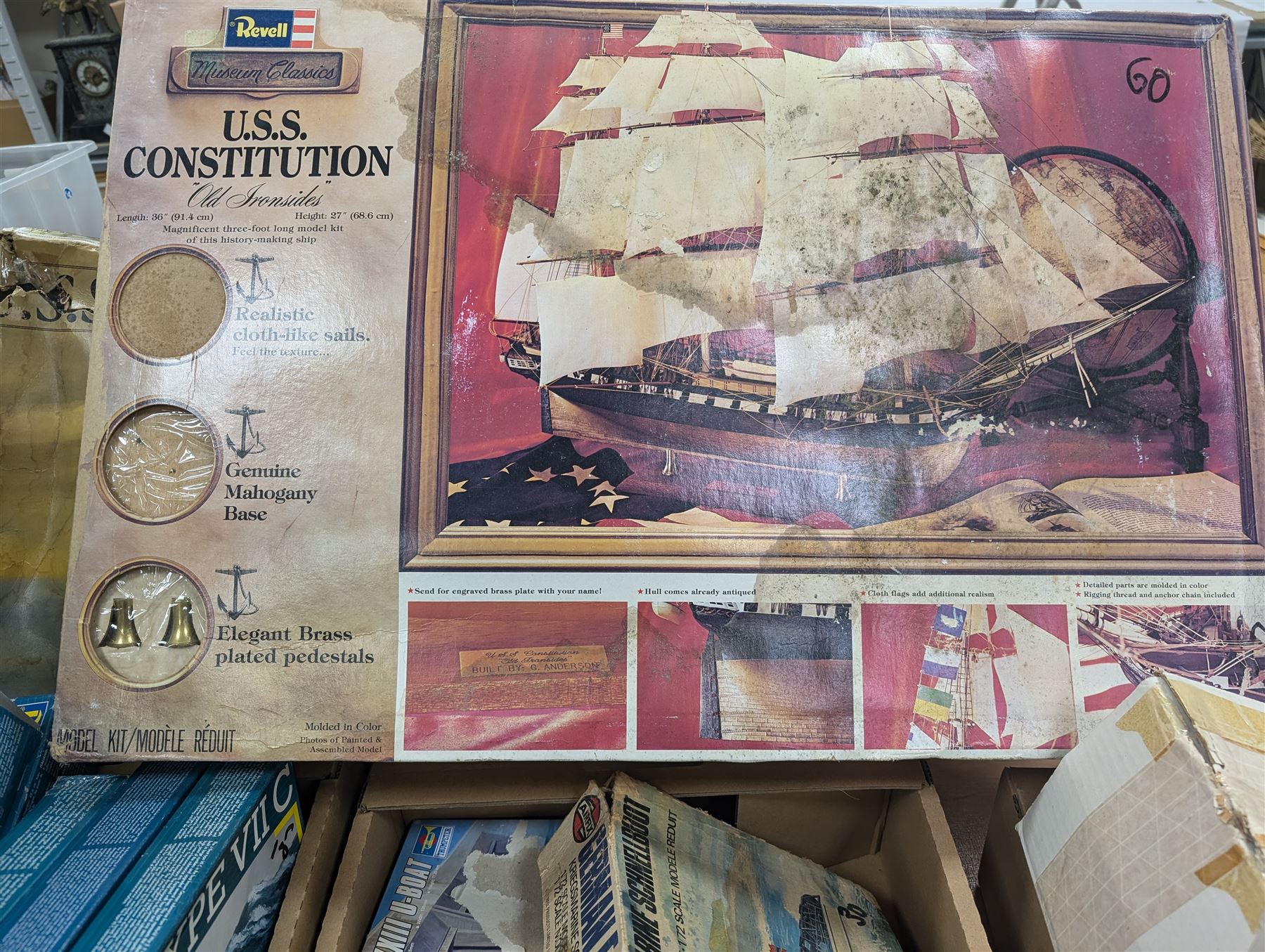 Collection of Revell military model building kits, including three USS Constitution examples, S-100 & Flak, German Submarine U99 and other similar model kits