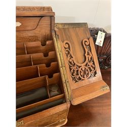 19th century burr walnut correspondence box, the sloped front opening to reveal a fitted interior with perpetual calendar, letter racks, and pen tray between two inkwell recesses, above a pull out draw with recessed brass handle, H41cm L40.5cm D28.5cm