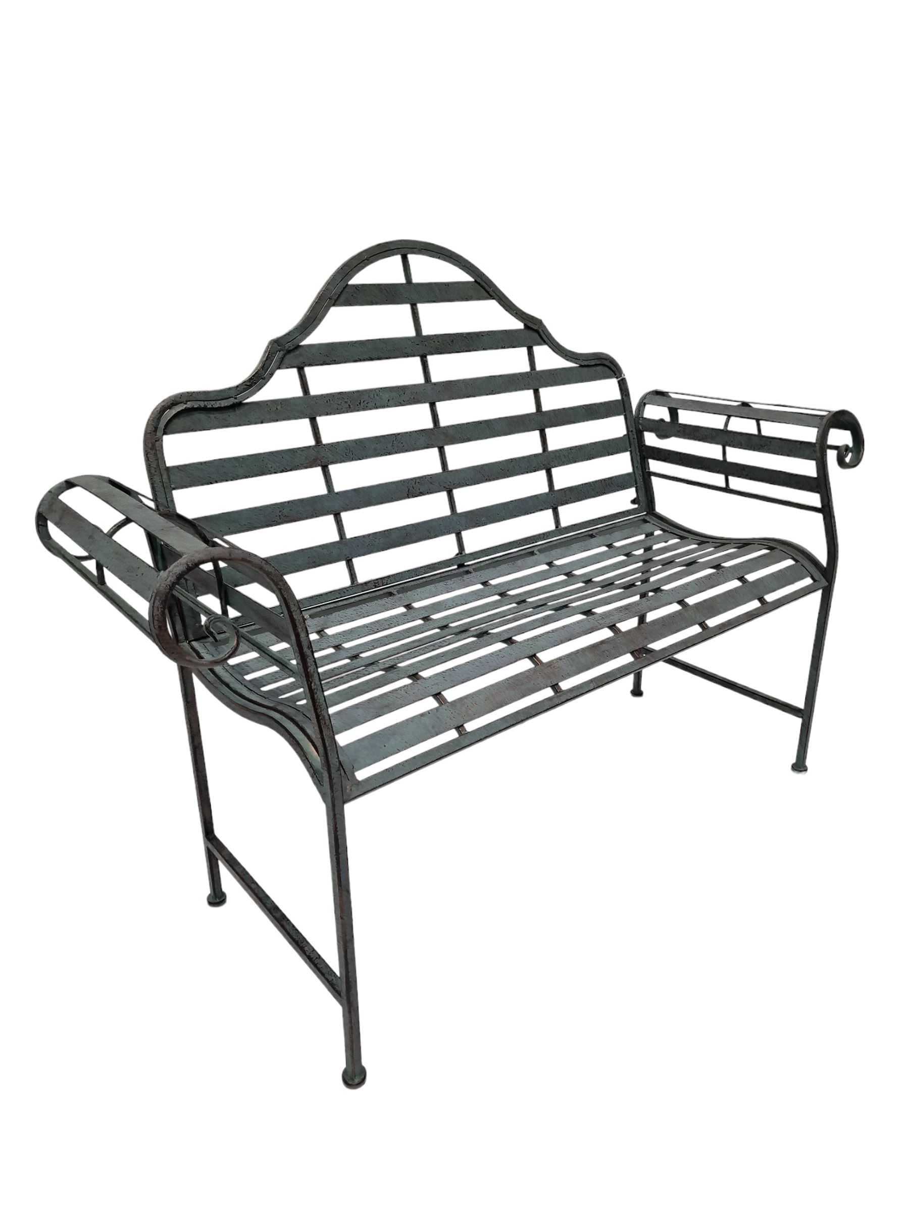 Wrought steel garden bench in light blue and bronze finish