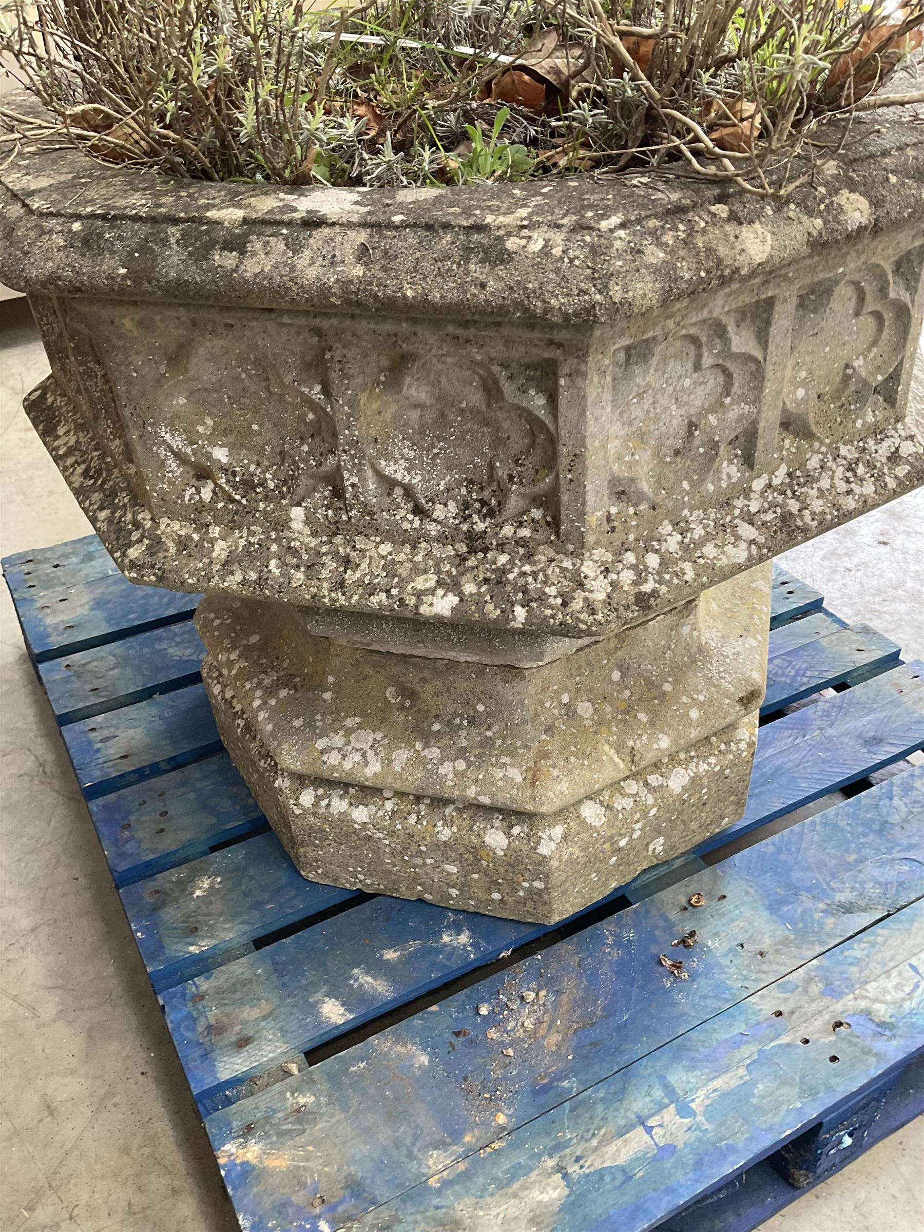 Large gothic design octagonal cast stone centre-piece urn olanter, quatrefoil decoration 