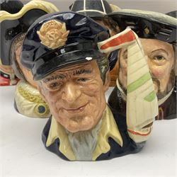 Six Royal Doulton character jugs, including Pearly King D6760, Henry VII D6642, Yachtsman D6820 etc 